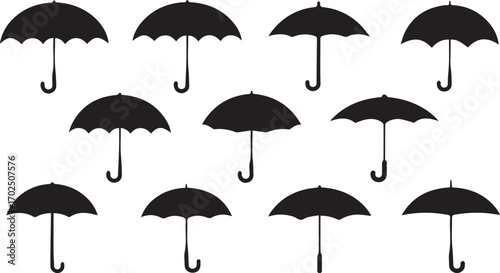 A collection of black umbrella silhouettes arranged in a neat pattern on a white background, representing protection, safety, and unity