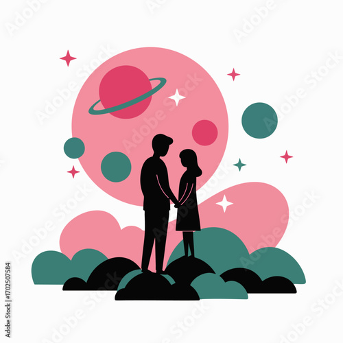A romantic couple stands hand-in-hand under a whimsical cosmic sky, featuring a large pink planet and sparkling stars, symbolizing love and connection.