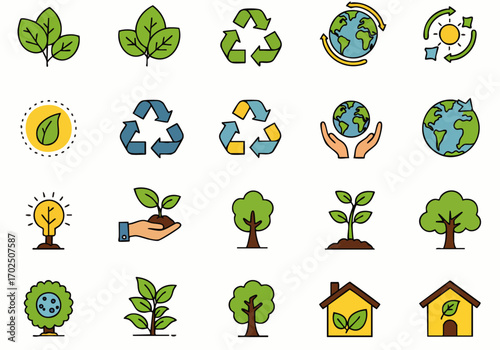 This vibrant vector set showcases essential environmental and eco-friendly symbols, depicting sustainability, recycling, and global nature conservation efforts.