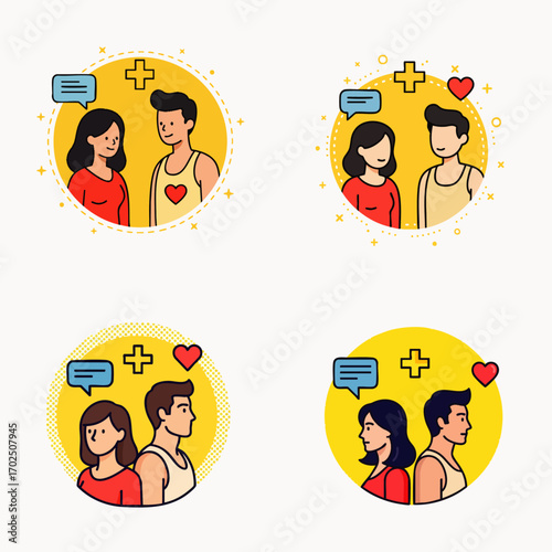Modern flat design illustrations depict young couples communicating and connecting, symbolizing online dating, social media interaction, and romantic relationships.