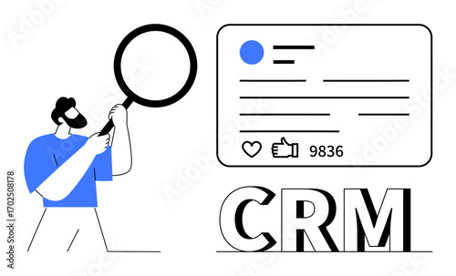 Man holding magnifying glass over CRM user profile with engagement metrics thumbs up likes and views. Ideal for data analysis, CRM tools, user engagement, customer profiles, marketing, analytics