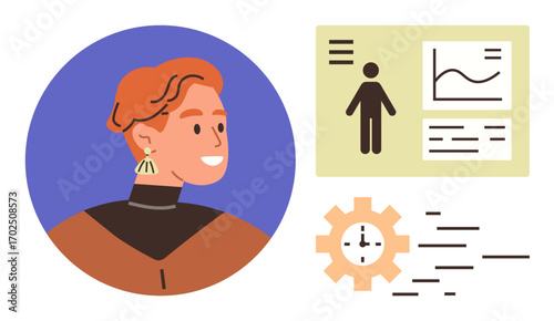 Person portrait beside data chart, profile information, and clock cogwheel symbolizing organization, data analysis, productivity, personal branding, modern tech, business development, simple flat