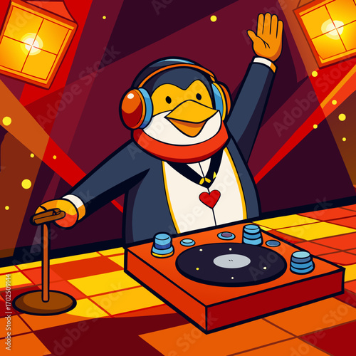 Cartoon penguin DJ spinning records at neon disco party with funny dance moves.svg