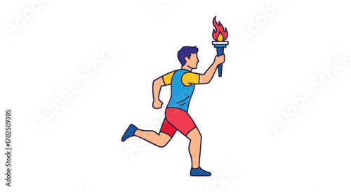 Cartoon Runner Carrying Lit Torch Celebrating Victory and Sports.