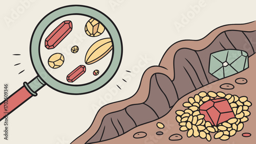 Gemstone hunting and geology exploration with magnifying glass finding hidden treasure crystals minerals