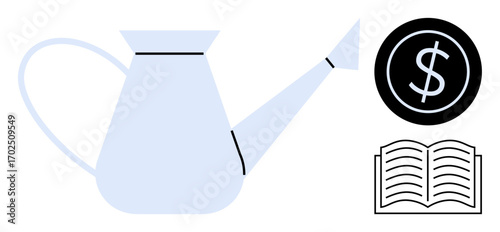 Watering can symbolizing nurturing, dollar circle for finances, open book for education. Ideal for financial growth, education, investments, savings, business success, self-improvement and learning