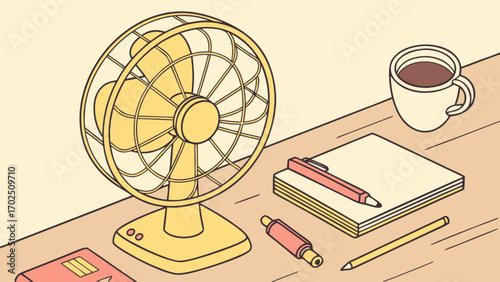 Illustration of desk fan with coffee mug and stationery for cooling and productivity concept