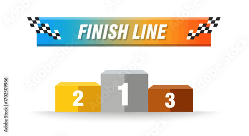 Winners podium with finish line banner and checkered flags for sports competition.