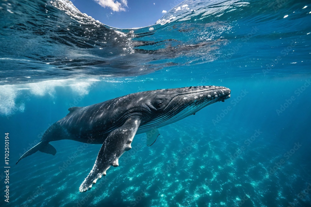 Fototapeta premium Humpback whale surfacing in deep blue ocean