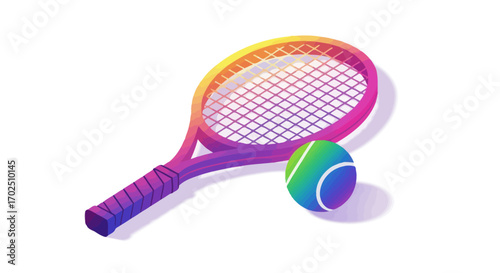 Vibrant Tennis Racquet and Ball with Rainbow Gradient.
