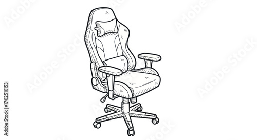 Black and White Illustration of a Gaming Chair with Headrest and Lumbar Support.