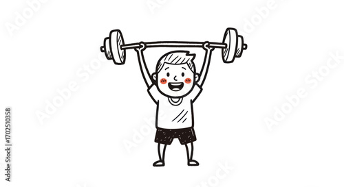 Cartoon Boy Lifting a Heavy Barbell Overhead with Determination and a Smile.