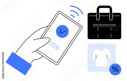 Hand holding smartphone with payment verification, shopping bag, shirt with discount sign. Ideal for e-commerce, online payment, retail, digital wallet, shopping discounts transaction security. A