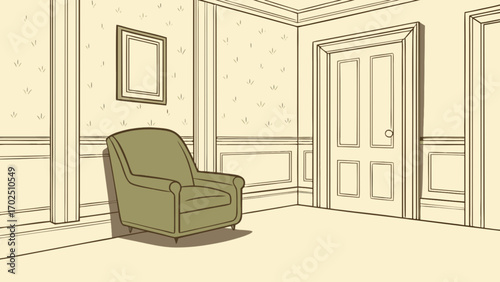Vintage interior design illustration with armchair door frame and wall art for home decor ideas