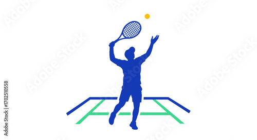 Silhouette of a tennis player serving a ball on a court.