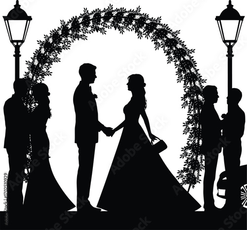 Vector Silhouette Illustration of a Wedding Ceremony with Bride and Groom Holding Hands Under Floral Arch Surrounded by Guests