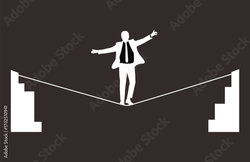 Businessman balancing on rope between stairs, risk management, career challenge, difficult decisions, overcoming obstacles, leadership, business uncertainty, success