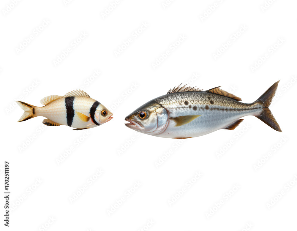 Fototapeta premium Two Distinct Fish Species Swimming Side by Side in Clear Water