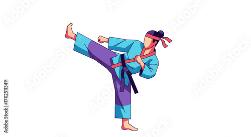 Martial artist performing a dynamic high kick in a traditional uniform.