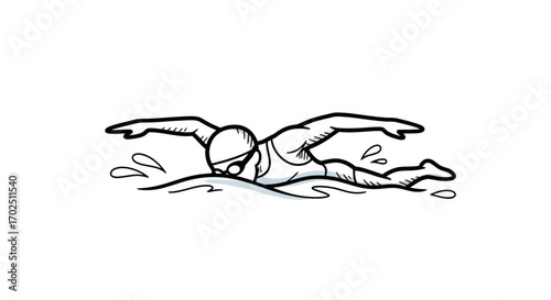 Athletic swimmer performing freestyle stroke in water with splashes.