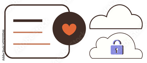 Heart symbol connecting a document with a cloud and secured cloud. Ideal for cloud computing, data sharing, cybersecurity, online privacy, secure storage, technology, digital collaboration. Simple