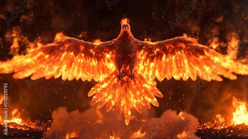 Fiery phoenix rising from flames with wings spread wide, representing rebirth, power, and transformation in a dramatic inferno
