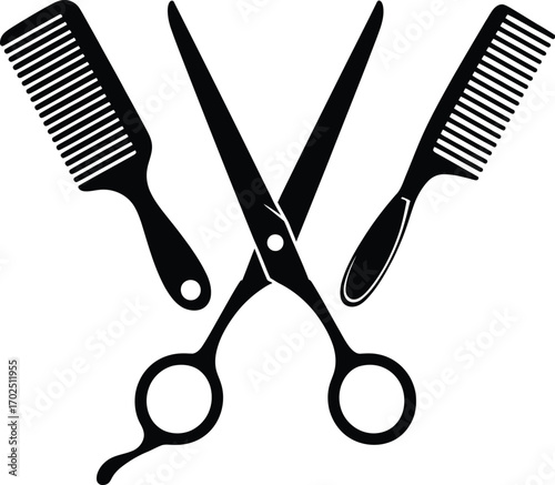 Hair Salon Tools Silhouette – Black Vector of Scissors and Combs for Barber, Styling, and Beauty Design Use