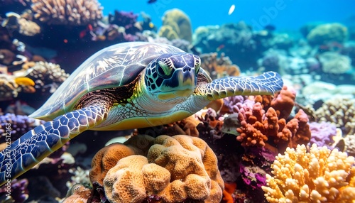A close-up of a sea turtle swimming towards the viewer, surrounded by a vibrant coral reef underwater