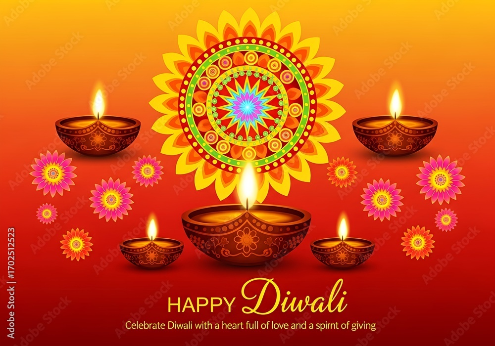 Naklejka premium Vibrant Diwali festival celebration greeting card with illuminated oil lamps and rangoli design