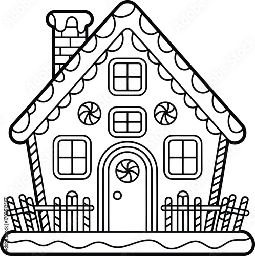 Whimsical black and white outline drawing of a gingerbread house decorated with candy elements and a picket fence