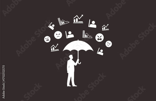 Leader with umbrella protecting from business crisis, stock market fall, stress, volatility, financial risk, economic uncertainty, crisis management