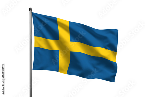 A waving Swedish flag on a silver flagpole 