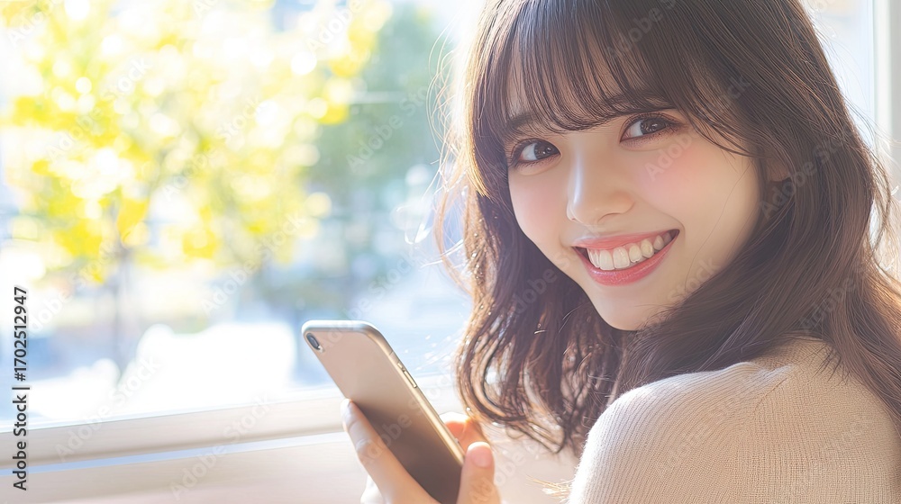 Obraz premium Smiling Woman Holding Smartphone, Natural Light, Happy Expression, Close-up Portrait.