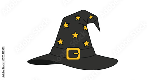 A classic black witch hat with a pointed top wide brim golden buckle and a pattern of yellow stars.