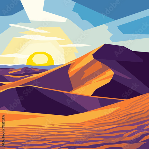 Desert landscape illustration with dunes sun and sky in a stylized design.