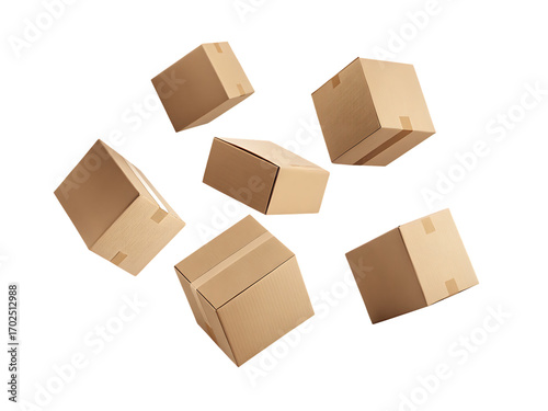 Brown cardboard boxes falling isolated on a transparent background