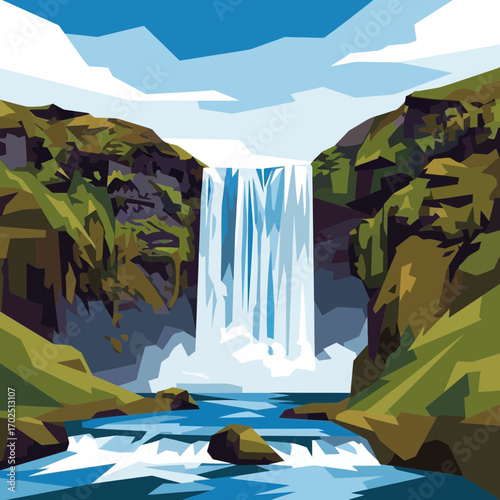 Waterfall flows into river surrounded by green hills under a blue sky.