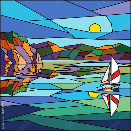 Abstract landscape with sailboat on water and hills under a geometric sky.