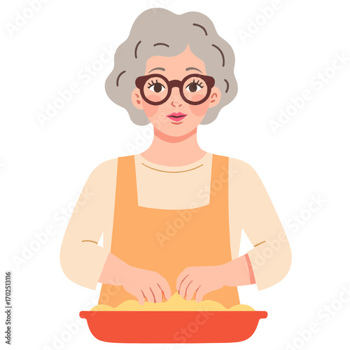 Elderly woman baking pie. Senior lady making homemade apple pie. Older woman preparing fresh pie dough. Retired woman smiling in kitchen. Elderly set