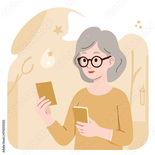 Senior woman holding photo. Elderly lady looking at old photograph. Older woman remembering past through picture. Retired woman cherishing family photo. Elderly set