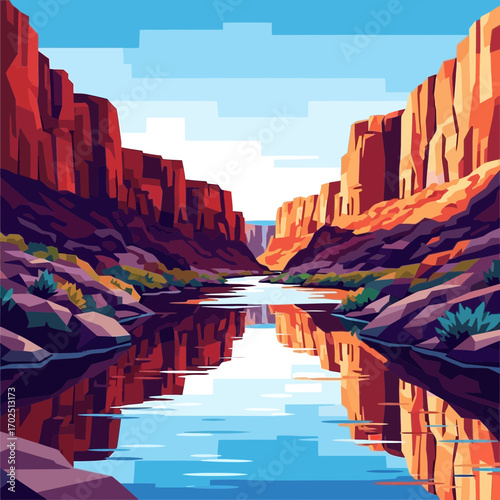 River flows between canyon walls reflecting the sky in a stylized illustration.