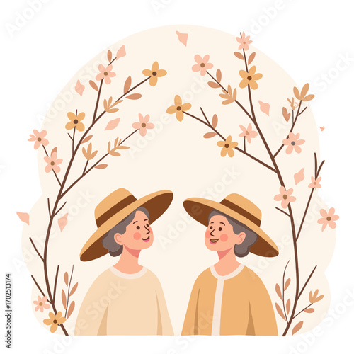Senior women in garden. Elderly ladies enjoying flowers outdoors. Older women gardening together. Retired friends spending time in garden. Elderly set