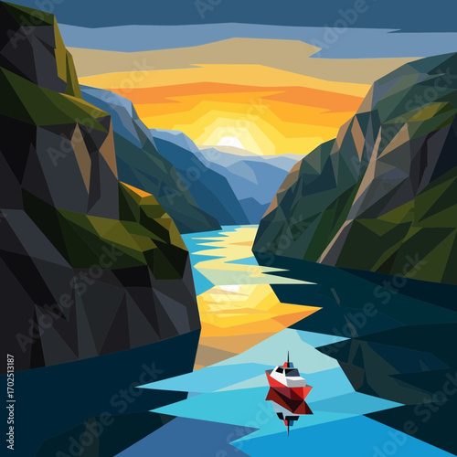 Illustration of a boat on water between cliffs at sunset.