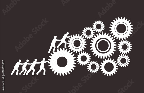 Silhouette teamwork pushing gears, collaboration and cooperation concept, business success, unity, productivity, system efficiency, corporate growth, problem solving