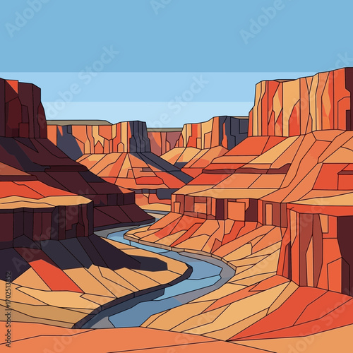 Cartoon illustration of a canyon landscape with a river and blue sky.