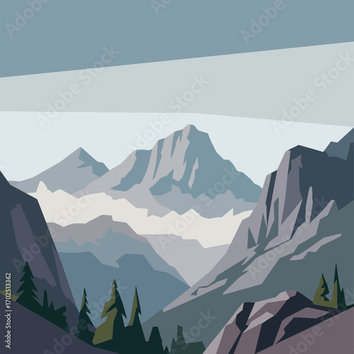 Mountain landscape illustration with trees rocks and cloudy sky in muted colors.