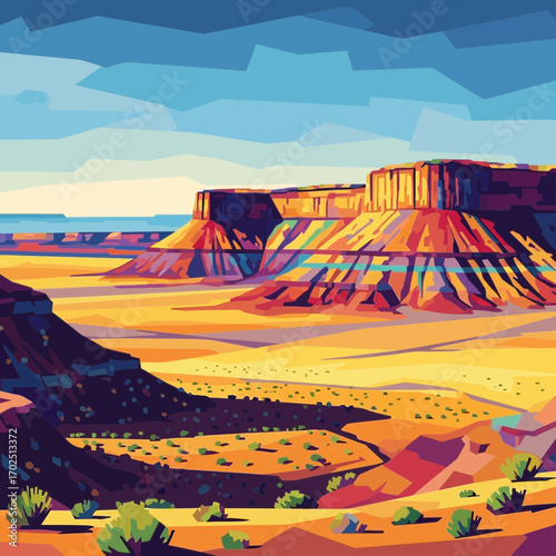 Desert landscape with mesas under a blue sky in a stylized illustration.