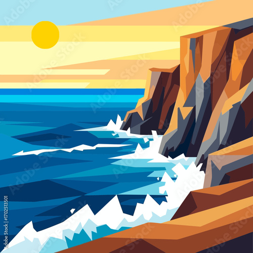 Coastal landscape illustration with cliffs ocean waves and sun in a stylized design.