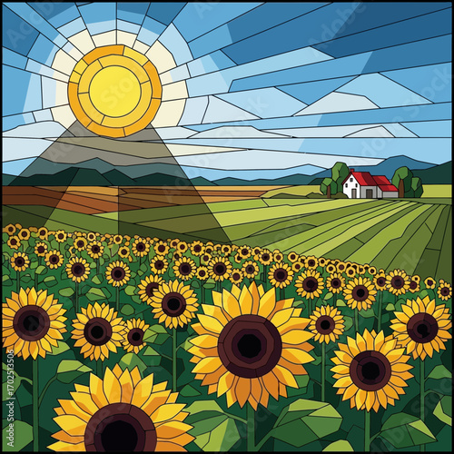 Stylized sunflower field with sun and house in background, geometric design.