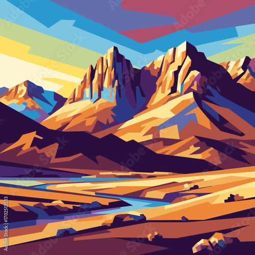Mountain landscape illustration with colorful sky and water stream in foreground.